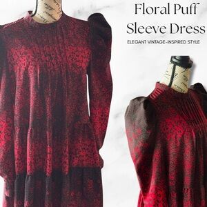 Elegant Red Floral Puff Sleeve Dress